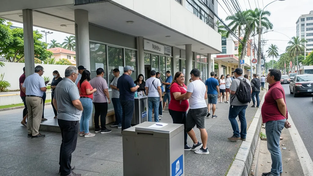 Imagem gerada por IA: Eleitores deixam um local de votação em Niterói, com uma urna em primeiro plano.