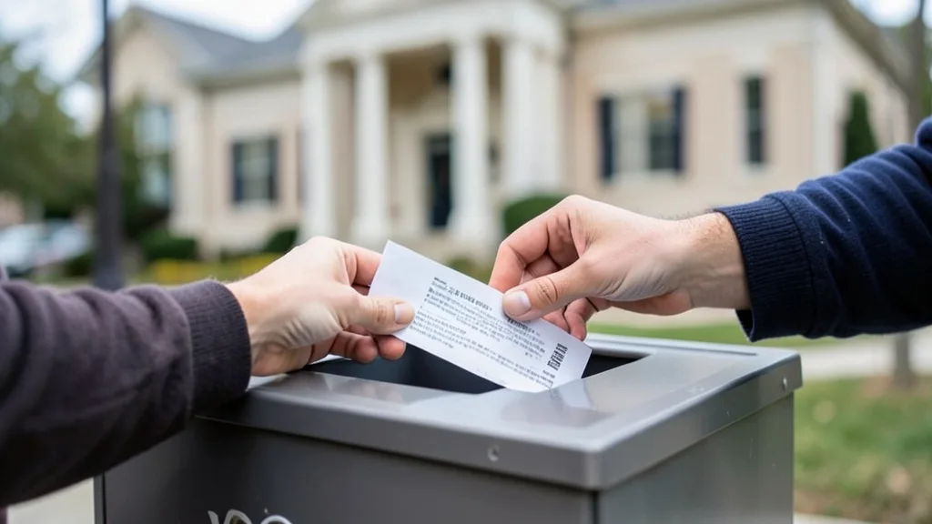 Imagem gerada por IA: Eleitor deposita uma cédula em uma urna durante a votação antecipada nos Estados Unidos.