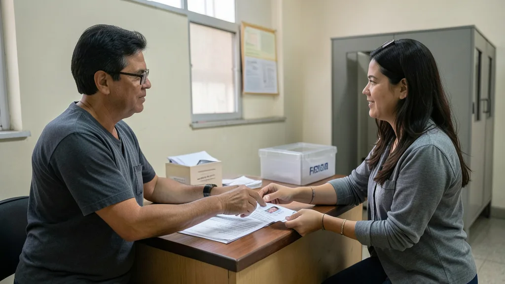 Imagem gerada por IA: Eleitor apresenta documento com foto a um mesário em uma seção eleitoral.