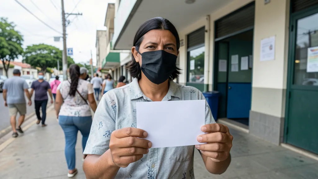 Imagem gerada por IA: Eleitor segura o título de eleitor diante de um local de votação.