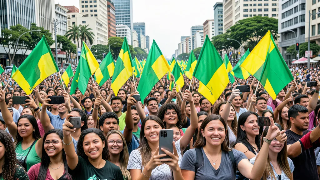 Imagem gerada por IA: Jovens participam de um ato político e registram a manifestação com celulares.