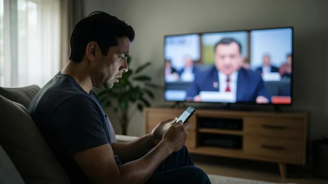 Imagem gerada por IA: Pessoa acompanha notícias eleitorais no celular, com expressão preocupada.