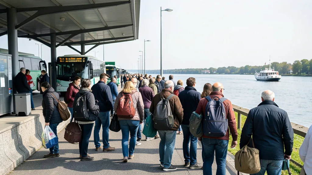Imagem gerada por IA: Eleitores com bagagens chegam a um local de votação após viajar de ônibus e barco.