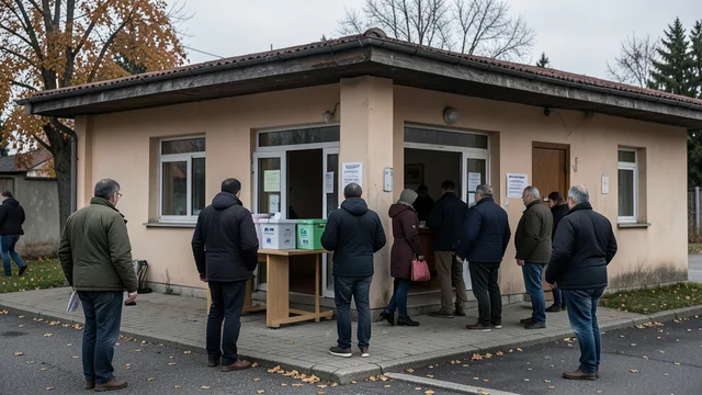 Imagem gerada por IA: Eleitores chegam a uma seção de votação na Bósnia e Herzegovina.