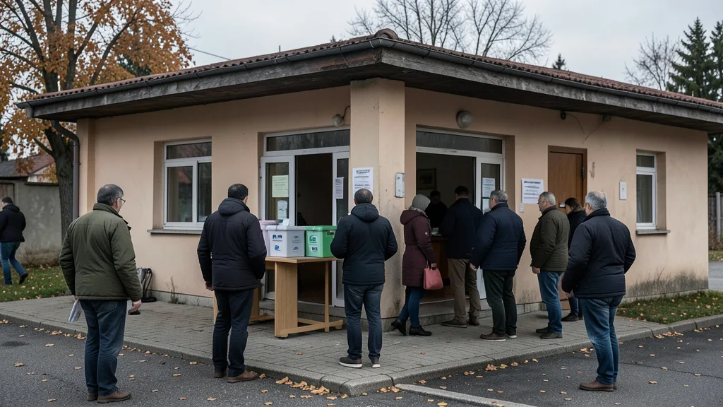 Imagem gerada por IA: Eleitores chegam a uma seção de votação na Bósnia e Herzegovina.