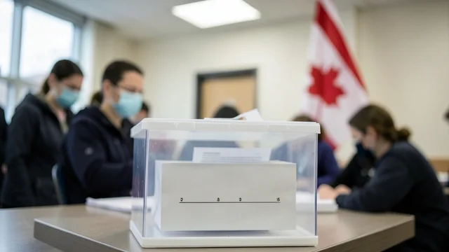 Imagem gerada por IA: Urna em local de votação no Canadá, com eleitores ao fundo.