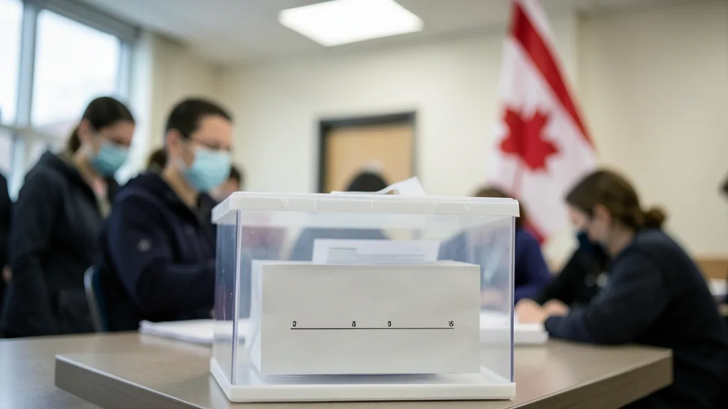 Imagem gerada por IA: Urna em local de votação no Canadá, com eleitores ao fundo.