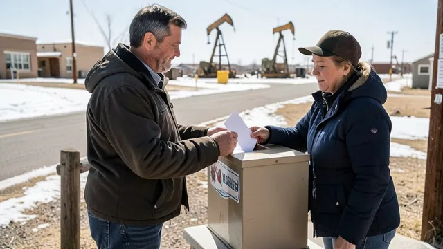 Imagem gerada por IA: Eleitor deposita uma cédula em uma urna em um local de votação em Alberta.