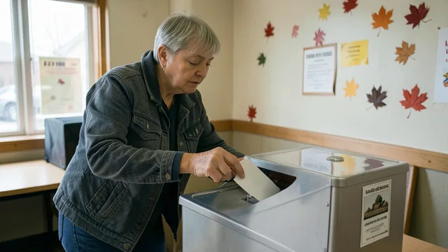 Imagem gerada por IA: Eleitor deposita uma cédula em uma urna durante uma votação em Alberta.