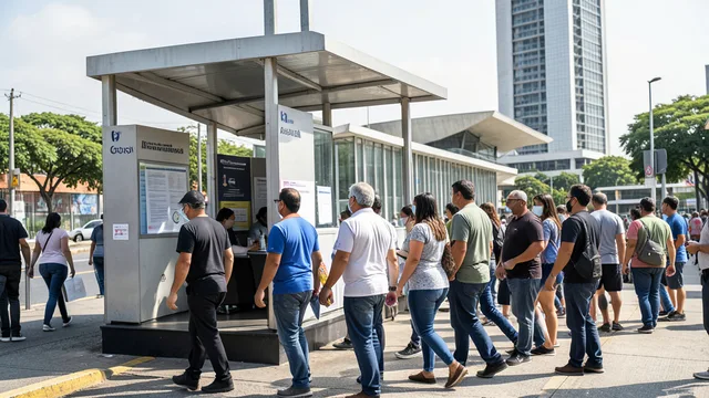 Imagem gerada por IA: Eleitores caminham até uma seção de votação em Brasília, com edifícios da cidade ao fundo.
