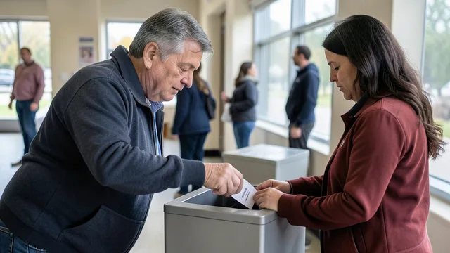 Imagem gerada por IA: Eleitor deposita uma cédula em uma urna durante a votação antecipada nos Estados Unidos.