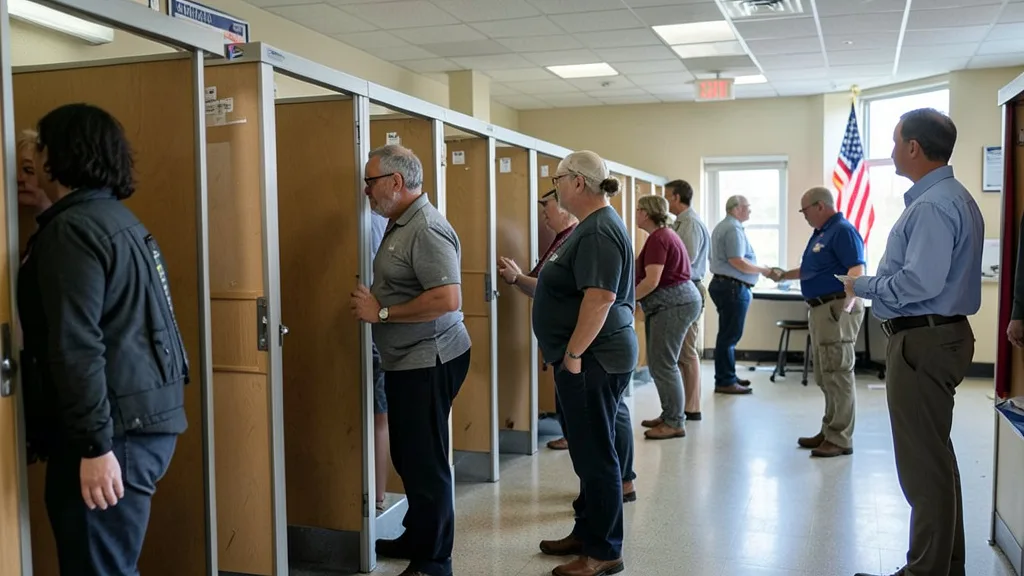 Imagem gerada por IA: Eleitores genéricos em um local de votação nos Estados Unidos.