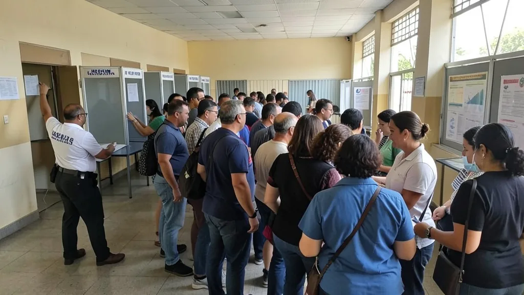 Imagem gerada por IA: Eleitores aguardam em fila dentro de uma escola usada como local de votação.