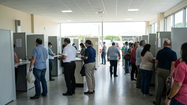 Imagem gerada por IA: Eleitores brasileiros chegam a uma seção de votação em um consulado no exterior.