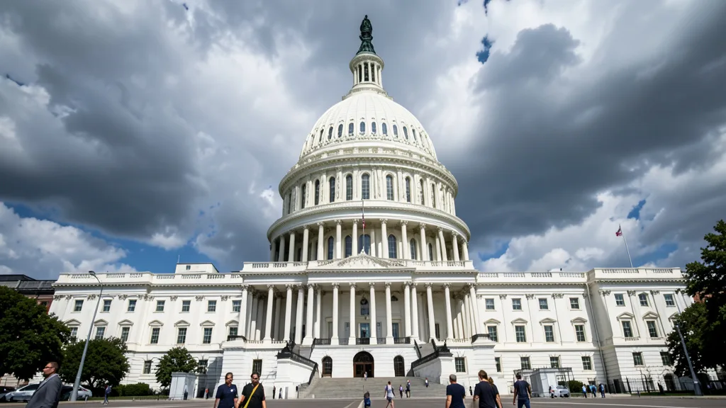 Imagem gerada por IA: Capitólio dos Estados Unidos em Washington sob céu nublado, com pedestres ao fundo.