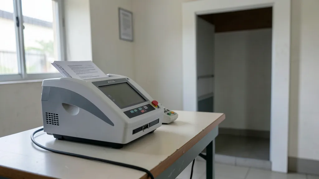 Imagem gerada por IA: Urna eletrônica em uma seção eleitoral preparada para o dia da votação.