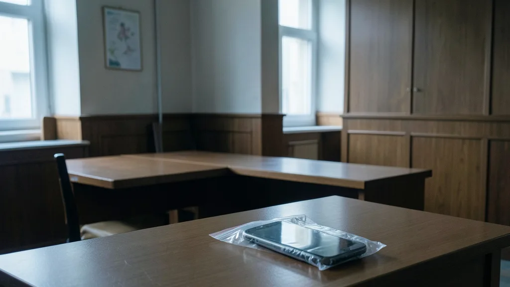 Imagem gerada por IA: Interior vazio de um tribunal em Moscou, com um celular guardado em uma embalagem de evidência sobre uma mesa.