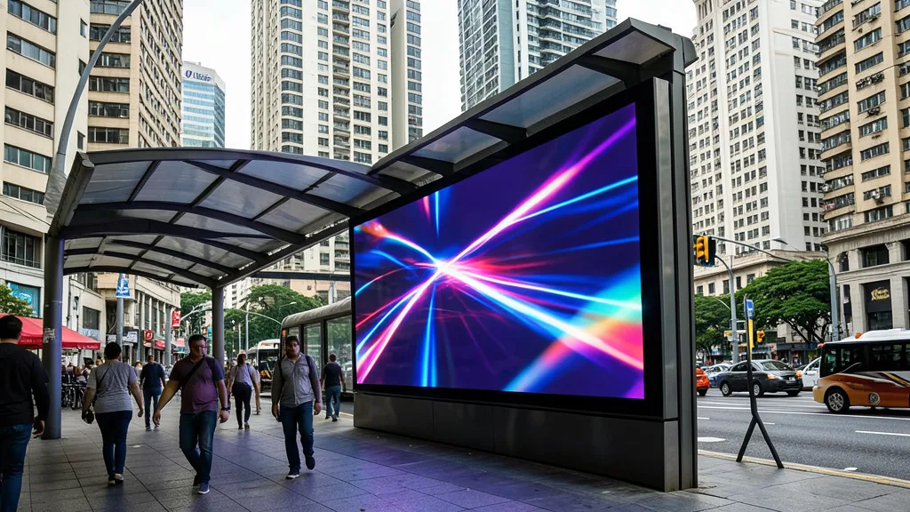 Imagem gerada por IA: Tela digital de publicidade em um abrigo urbano, com pedestres e edifícios ao fundo.