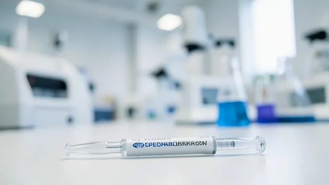 Imagem gerada por IA: Caneta injetável sem marca em primeiro plano, diante de equipamentos de laboratório desfocados.