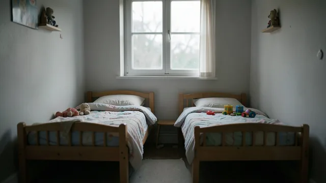 Quarto infantil com duas camas lado a lado e brinquedos, em ambiente tranquilo e sóbrio.
