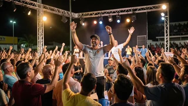Imagem gerada por IA: Candidato genérico comemora a vitória em um palco cercado por apoiadores.