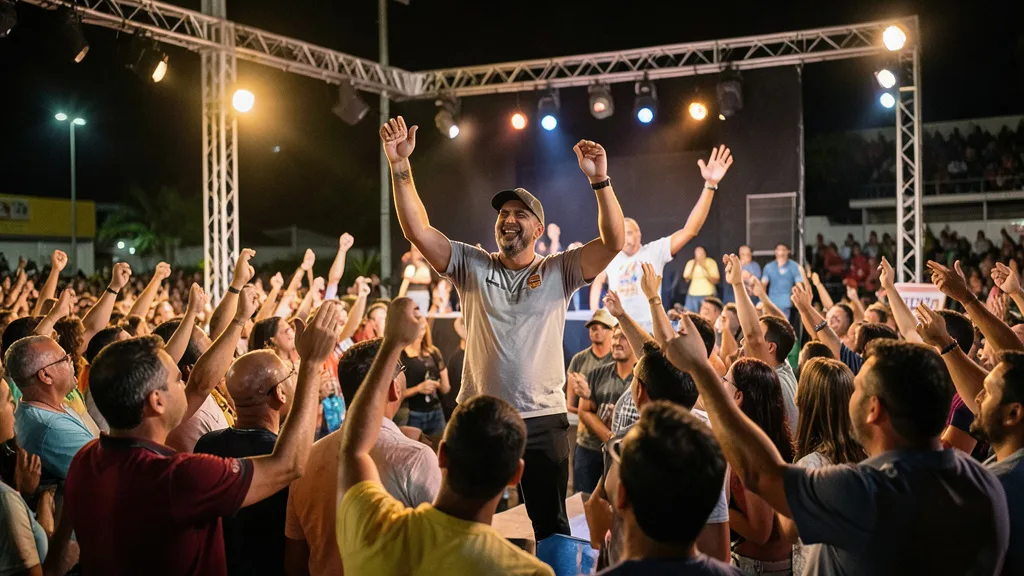 Imagem gerada por IA: Candidato genérico comemora a vitória em um palco cercado por apoiadores.
