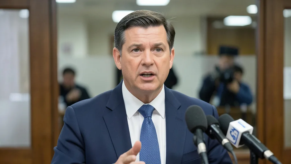 Imagem gerada por IA: Governador fala em entrevista diante de microfones, com uma sala de reuniões ao fundo.