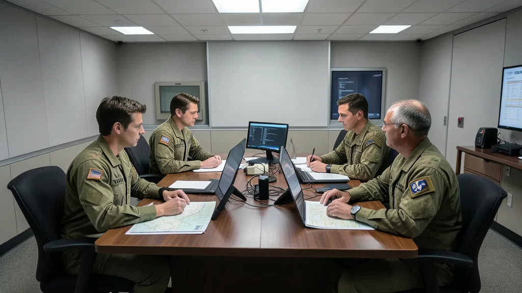 Sala de planejamento militar com analistas reunidos em torno de uma mesa e equipamentos digitais.