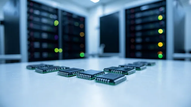Imagem gerada por IA: Chips de memória sobre uma bancada, com servidores desfocados ao fundo.