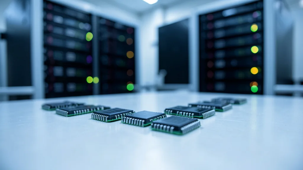 Imagem gerada por IA: Chips de memória sobre uma bancada, com servidores desfocados ao fundo.