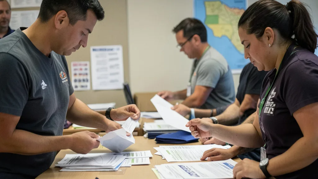 Imagem gerada por IA: Voluntários organizam materiais de campanha eleitoral em um escritório no Texas.