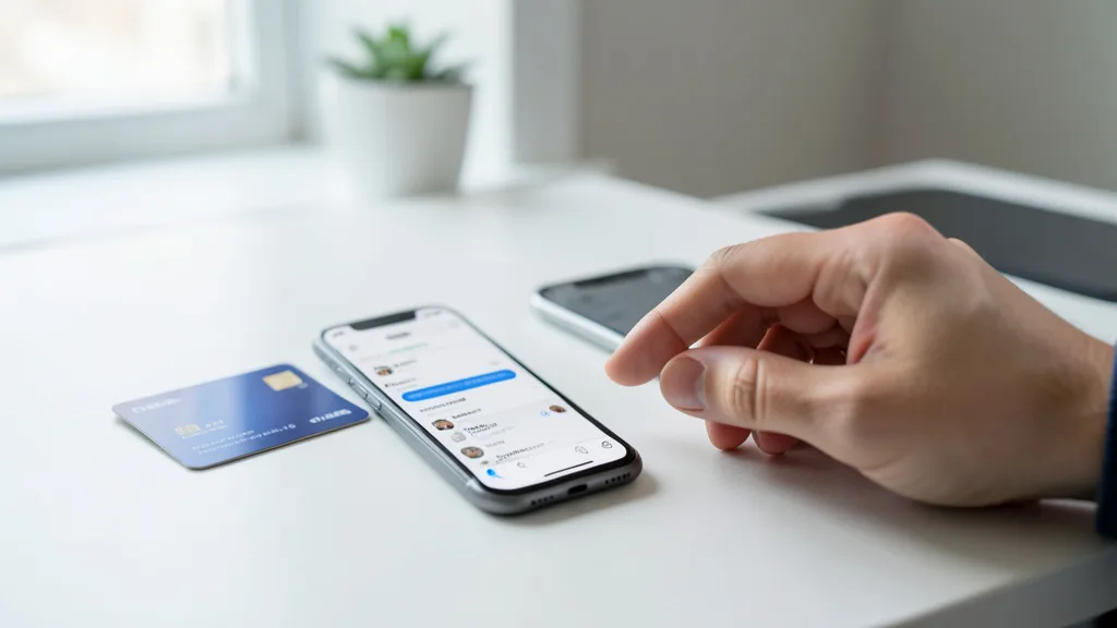 Imagem gerada por IA: Celular com uma conversa de IA ao lado de um cartão de crédito durante uma compra online.
