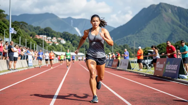 Imagem gerada por IA: Jovem atleta corre em uma pista de atletismo durante uma prova de 3.000 metros.