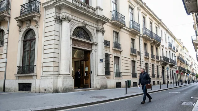 Fachada da embaixada brasileira em Madri, com uma pessoa caminhando pela rua próxima.