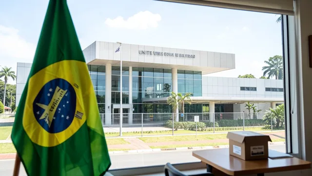 Imagem gerada por IA: Fachada da Embaixada dos Estados Unidos em Brasília com uma bandeira brasileira em primeiro plano.