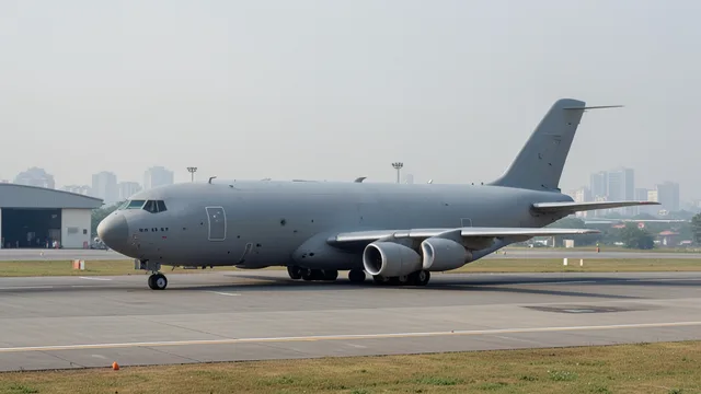 Imagem gerada por IA: Aeronave militar de transporte em uma pista de aeroporto na Índia.