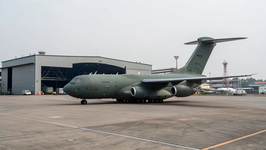 Aeronave militar de transporte diante de um hangar industrial em Nagpur, na Índia.