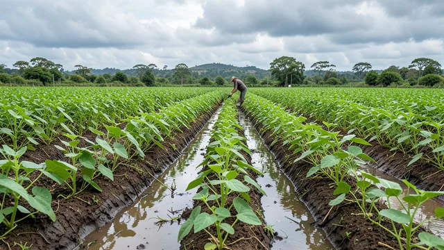 Imagem gerada por IA: Lavoura jovem de soja em solo úmido após chuva, com água acumulada entre as fileiras.