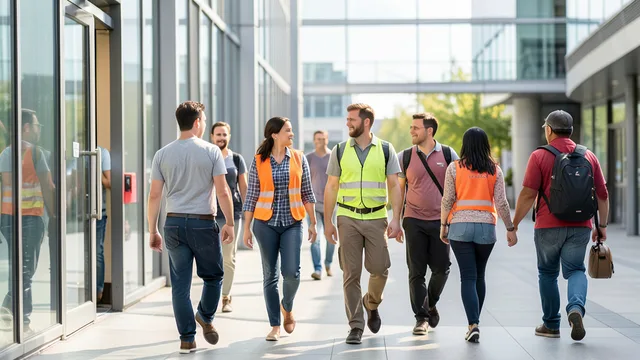 Imagem gerada por IA: Trabalhadores deixam o local de trabalho ao fim do expediente