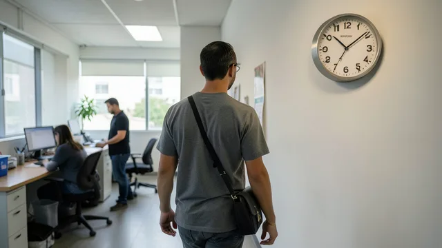 Imagem gerada por IA: Trabalhador encerra o expediente em um ambiente de trabalho com um relógio ao fundo.