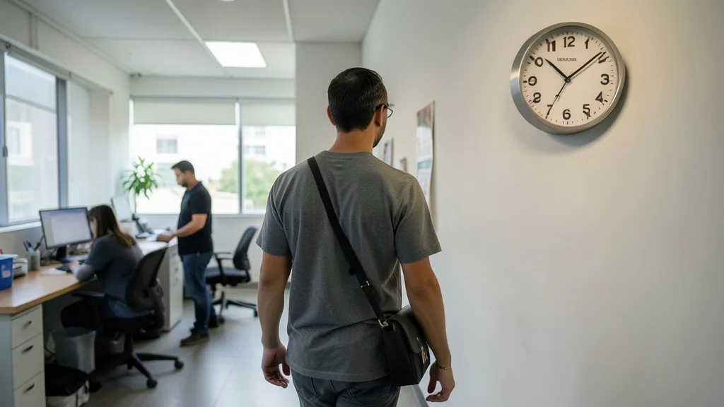 Imagem gerada por IA: Trabalhador encerra o expediente em um ambiente de trabalho com um relógio ao fundo.