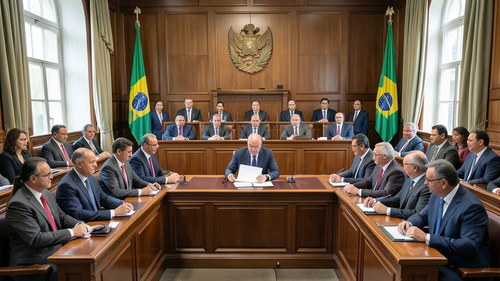Imagem gerada por IA: Cerimônia formal em plenário legislativo, com parlamentares reunidos em torno de um documento.