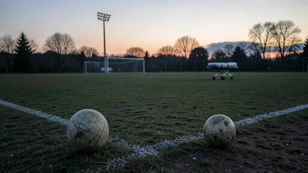 Imagem gerada por IA: Bola em um campo de futebol vazio, com uma maca ao fundo.