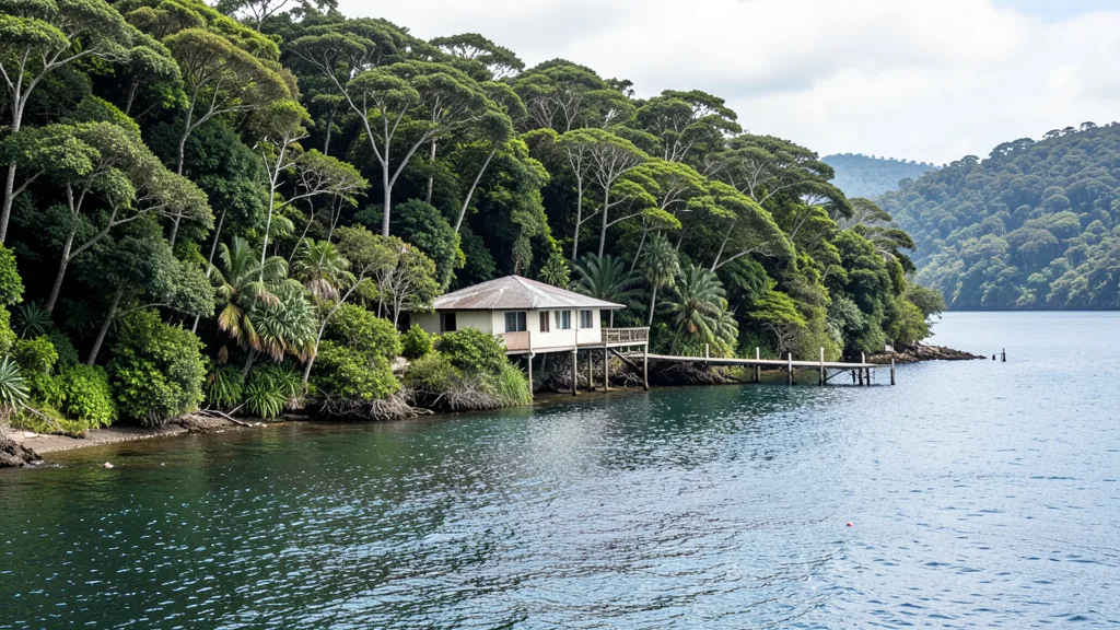 Imagem gerada por IA: Casa e cais em uma área costeira cercada pela Mata Atlântica, em Angra dos Reis.