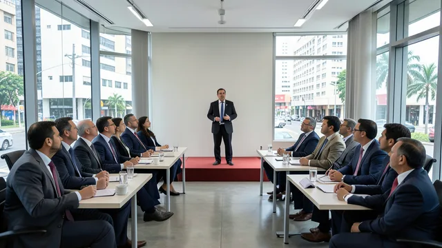 Imagem gerada por IA: Executivos acompanham um senador durante um encontro empresarial em São Paulo.