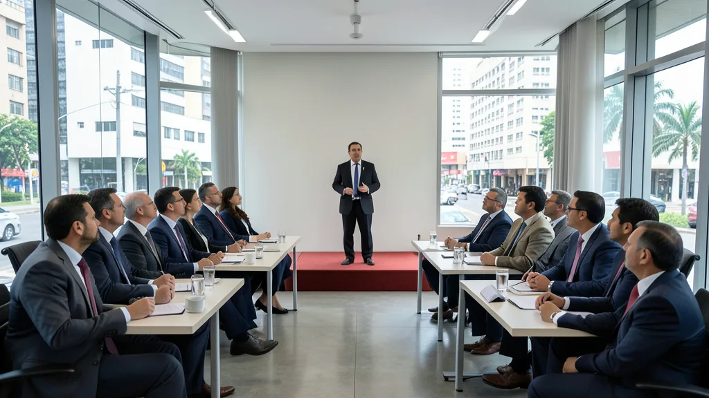Imagem gerada por IA: Executivos acompanham um senador durante um encontro empresarial em São Paulo.