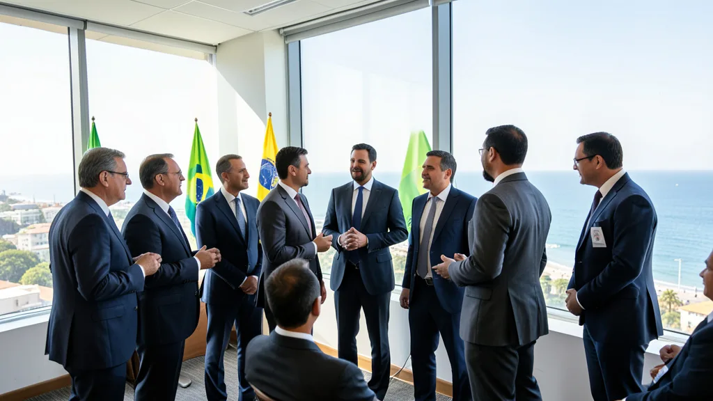Imagem gerada por IA: Executivos conversam em um encontro empresarial com vista para a costa de Mar del Plata.