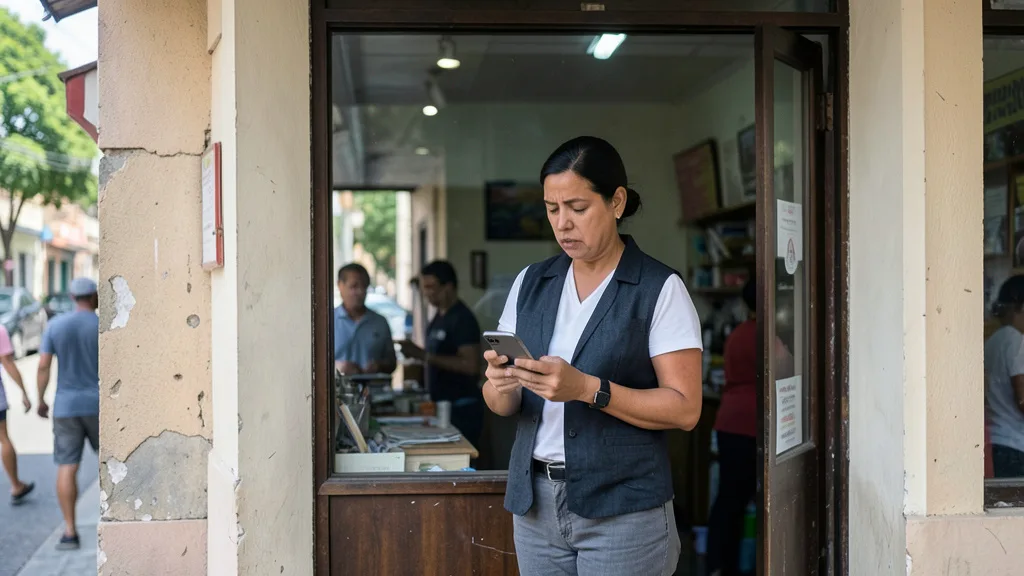 Imagem gerada por IA: Dono de um pequeno comércio olha para o celular dentro do estabelecimento.