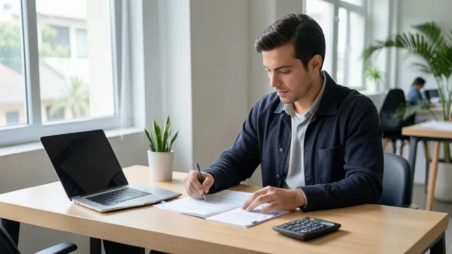 Imagem gerada por IA: Empresário analisa notas fiscais e documentos financeiros em uma mesa de trabalho.