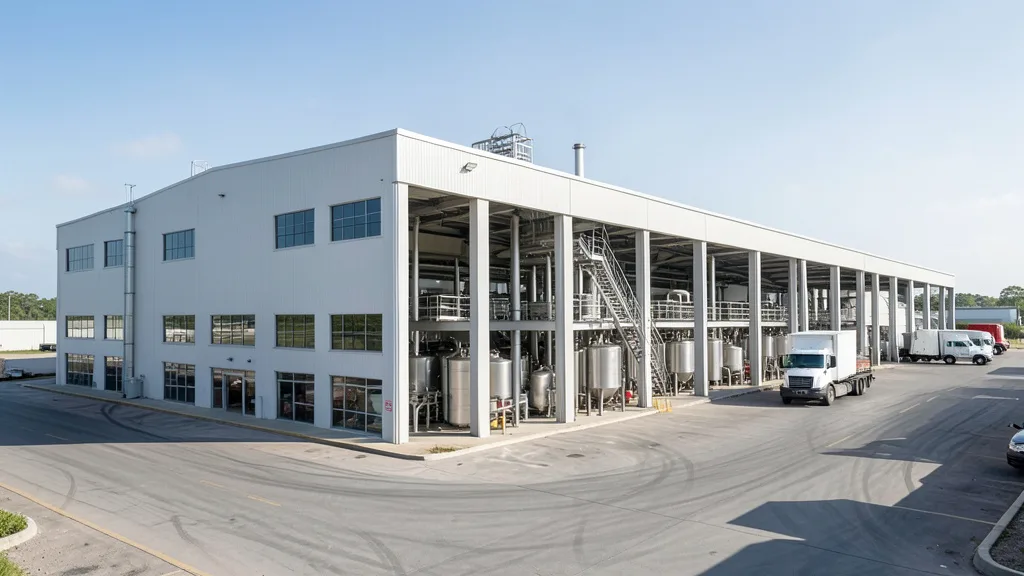 Imagem gerada por IA: Vista de uma moderna fábrica de processamento de alimentos nos Estados Unidos.